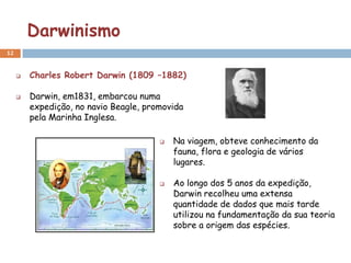 Darwinismo
12


        Charles Robert Darwin (1809 –1882)

        Darwin, em1831, embarcou numa
         expedição, no navio Beagle, promovida
         pela Marinha Inglesa.

                                           Na viagem, obteve conhecimento da
                                            fauna, flora e geologia de vários
                                            lugares.

                                           Ao longo dos 5 anos da expedição,
                                            Darwin recolheu uma extensa
                                            quantidade de dados que mais tarde
                                            utilizou na fundamentação da sua teoria
                                            sobre a origem das espécies.
 