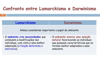 Confronto entre Lamarckismo e Darwinismo
31



              Lamarckismo                           Darwinismo

                 Ambos consideram importante o papel do ambiente

  O ambiente cria necessidades que        O ambiente exerce uma seleção
     conduzem a modificações nos           natural favorecendo os indivíduos
     indivíduos, com vista a uma melhor    que possuem características que os
     adaptação (a função determina a       tornam melhor adaptados a esse
     estrutura).                           ambiente.
 