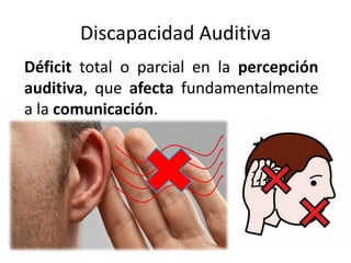 Discapacidad Auditiva
Déficit total o parcial en la percepción
auditiva, que afecta fundamentalmente
a la comunicación.
 