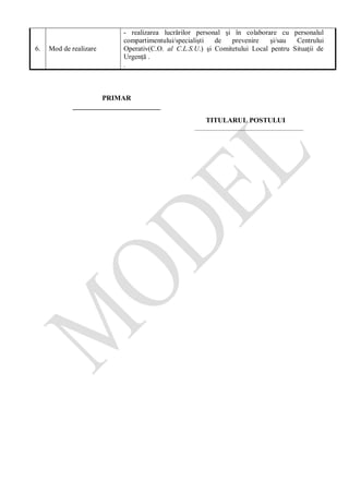 6. Mod de realizare
- realizarea lucrărilor personal şi în colaborare cu personalul
compartimentului/specialişti de prevenire şi/sau Centrului
Operativ(C.O. al C.L.S.U.) şi Comitetului Local pentru Situaţii de
Urgenţă .
.
PRIMAR
_________________________
TITULARUL POSTULUI
_____________________________________
 