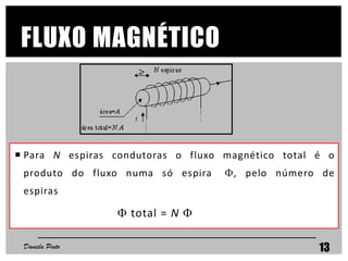 FLUXO MAGNÉTICO
 Para N espiras condutoras o fluxo magnético total é o
produto do fluxo numa só espira , pelo número de
espiras
 total = N 
Daniela Pinto 13
 