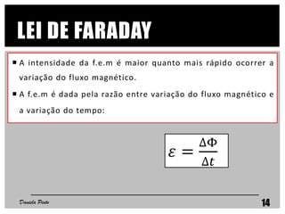 LEI DE FARADAY
 A intensidade da f.e.m é maior quanto mais rápido ocorrer a
variação do fluxo magnético.
 A f.e.m é dada pela razão entre variação do fluxo magnético e
a variação do tempo:
Daniela Pinto 14
𝜀 =
∆Φ
∆𝑡
 