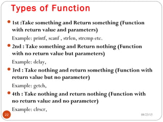 Types of Function
1st :Take something and Return something (Function
with return value and parameters)
Example: printf, scanf , strlen, strcmp etc.
2nd : Take something and Return nothing (Function
with no return value but parameters)
Example: delay,
3rd : Take nothing and return something (Function with
return value but no parameter)
Example: getch,
4th : Take nothing and return nothing (Function with
no return value and no parameter)
Example: clrscr,
08/23/1522
 