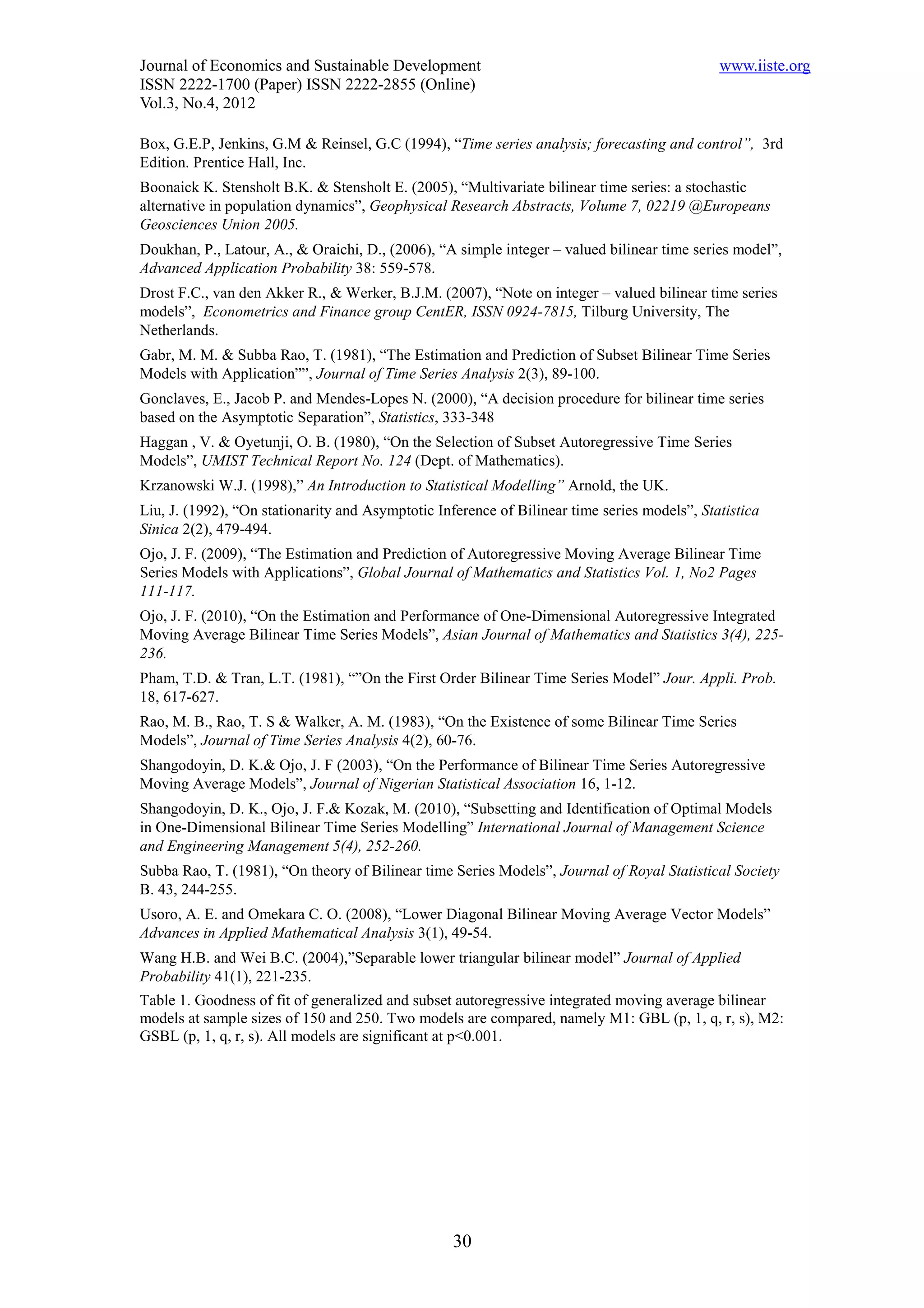 Journal of Economics and Sustainable Development                                              www.iiste.org
ISSN 2222-1700 (Paper) ISSN 2222-2855 (Online)
Vol.3, No.4, 2012

Box, G.E.P, Jenkins, G.M & Reinsel, G.C (1994), “Time series analysis; forecasting and control”, 3rd
Edition. Prentice Hall, Inc.
Boonaick K. Stensholt B.K. & Stensholt E. (2005), “Multivariate bilinear time series: a stochastic
alternative in population dynamics”, Geophysical Research Abstracts, Volume 7, 02219 @Europeans
Geosciences Union 2005.
Doukhan, P., Latour, A., & Oraichi, D., (2006), “A simple integer – valued bilinear time series model”,
Advanced Application Probability 38: 559-578.
Drost F.C., van den Akker R., & Werker, B.J.M. (2007), “Note on integer – valued bilinear time series
models”, Econometrics and Finance group CentER, ISSN 0924-7815, Tilburg University, The
Netherlands.
Gabr, M. M. & Subba Rao, T. (1981), “The Estimation and Prediction of Subset Bilinear Time Series
Models with Application””, Journal of Time Series Analysis 2(3), 89-100.
Gonclaves, E., Jacob P. and Mendes-Lopes N. (2000), “A decision procedure for bilinear time series
based on the Asymptotic Separation”, Statistics, 333-348
Haggan , V. & Oyetunji, O. B. (1980), “On the Selection of Subset Autoregressive Time Series
Models”, UMIST Technical Report No. 124 (Dept. of Mathematics).
Krzanowski W.J. (1998),” An Introduction to Statistical Modelling” Arnold, the UK.
Liu, J. (1992), “On stationarity and Asymptotic Inference of Bilinear time series models”, Statistica
Sinica 2(2), 479-494.
Ojo, J. F. (2009), “The Estimation and Prediction of Autoregressive Moving Average Bilinear Time
Series Models with Applications”, Global Journal of Mathematics and Statistics Vol. 1, No2 Pages
111-117.
Ojo, J. F. (2010), “On the Estimation and Performance of One-Dimensional Autoregressive Integrated
Moving Average Bilinear Time Series Models”, Asian Journal of Mathematics and Statistics 3(4), 225-
236.
Pham, T.D. & Tran, L.T. (1981), “”On the First Order Bilinear Time Series Model” Jour. Appli. Prob.
18, 617-627.
Rao, M. B., Rao, T. S & Walker, A. M. (1983), “On the Existence of some Bilinear Time Series
Models”, Journal of Time Series Analysis 4(2), 60-76.
Shangodoyin, D. K.& Ojo, J. F (2003), “On the Performance of Bilinear Time Series Autoregressive
Moving Average Models”, Journal of Nigerian Statistical Association 16, 1-12.
Shangodoyin, D. K., Ojo, J. F.& Kozak, M. (2010), “Subsetting and Identification of Optimal Models
in One-Dimensional Bilinear Time Series Modelling” International Journal of Management Science
and Engineering Management 5(4), 252-260.
Subba Rao, T. (1981), “On theory of Bilinear time Series Models”, Journal of Royal Statistical Society
B. 43, 244-255.
Usoro, A. E. and Omekara C. O. (2008), “Lower Diagonal Bilinear Moving Average Vector Models”
Advances in Applied Mathematical Analysis 3(1), 49-54.
Wang H.B. and Wei B.C. (2004),”Separable lower triangular bilinear model” Journal of Applied
Probability 41(1), 221-235.
Table 1. Goodness of fit of generalized and subset autoregressive integrated moving average bilinear
models at sample sizes of 150 and 250. Two models are compared, namely M1: GBL (p, 1, q, r, s), M2:
GSBL (p, 1, q, r, s). All models are significant at p<0.001.




                                                   30
 