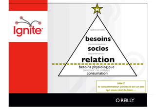 (achievement)




             (reconnaissance)


             (appartenance)



-------------------------
       besoins physiologique
         (se nourrir - se protéger)
            consumation

                                       Idée 2
                       le consommateur connecté est un ami
                              qui vous veut du bien….
 
