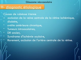 Causes de rubéose irienne
– occlusion de la veine centrale de la rétine ischémique,
- diabète,
- uvéite antérieure chronique,
- Tumeurs intraoculaires,
- DR ancien,
- Syndrome d'ischémie oculaire,
- Rarement, occlusion de l'artère centrale de la rétine.
Glaucome néovasculaire
III- diagnostic étiologique
 