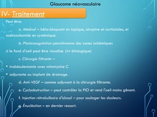 Peut être:
a. Médical – bêta-bloquant en topique, atropine et corticoïdes, et
acétazolamide en systémique.
b. Photocoagulation panrétinienne des zones ischémiques
si le fond d'oeil peut être visualisé. (trt étiologique)
c. Chirurgie filtrante –
• trabéculectomie avec mitomycine C
• adjuvante ou implant de drainage.
d. Anti-VEGF – comme adjuvant à la chirurgie filtrante.
e. Cyclodestruction – peut contrôler la PIO et rend l'oeil moins gênant.
f. Injection rétrobulbaire d'alcool – pour soulager les douleurs.
g. Énucléation – en dernier ressort.
Glaucome néovasculaire
IV- Traitement
 