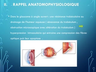 II. RAPPEL ANATOMOPHYSIOLOGIQUE
• Dans le glaucome à angle ouvert : une résistance trabéculaire au
drainage de l’humeur aqueuse ( sénescence du trabéculum ,
obstruction microscopique avec altération du trabéculum )
hyperpression intraoculaire qui entraine une compression des fibres
optique puis leur apoptose .
 