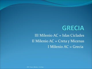 III Milenio AC = Islas Cíclades II Milenio AC = Creta y Micenas I Milenio AC = Grecia  2010. Teoría e Historias.  E de López 