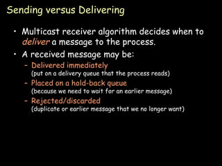Sending versus Delivering Multicast receiver algorithm decides when to  deliver  a message to the process. A received message may be: Delivered immediately (put on a delivery queue that the process reads) Placed on a hold-back queue (because we need to wait for an earlier message) Rejected/discarded (duplicate or earlier message that we no longer want) 