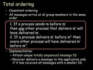 Total ordering Consistent ordering All messages arrive at all group members in the same order Implementation: Attach unique  totally sequenced message ID Receiver delivers a message to the application  only  if it has received all messages with a smaller ID 1. If a process sends m before m’ then  any  other process that delivers m’ will have delivered m. 2. If a process delivers m’ before m” then  every  other process will have delivered m’ before m”. 