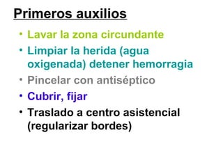 Primeros auxilios
• Lavar la zona circundante
• Limpiar la herida (agua
oxigenada) detener hemorragia
• Pincelar con antiséptico
• Cubrir, fijar
• Traslado a centro asistencial
(regularizar bordes)
 