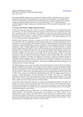 Journal of Education and Practice                                                               www.iiste.org
ISSN 2222-1735 (Paper) ISSN 2222-288X (Online)
Vol 3, No 2, 2012

and produces 400,000 engineers per year while the US produces 60,000. According to the same report, in
August 2006 India filed 1312 patent applications second only to the United States. This indicates that on
the science and technology side, India has built up the largest stock of scientists, engineers and technician.
In order to sustain these positive trends and an economic growth rate of 7%, a venture Intelligence
calculates that India’s higher education gross enrollment ratio (GER) would need to increase from 12 to 20
percent by 2014.
3. Structure and Statistics of Higher Education in India
In India the institutional framework consists of Universities established by an Act of Parliament (Central
Universities) or of a State Legislature (State Universities), Deemed Universities (institutions which have
been accorded the status of a university with authority to award their own degrees through central
government notification), Institutes of National Importance (prestigious institutions awarded the said status
by Parliament), and Institutions established by State Legislative Act and colleges affiliated with the
University (both government-aided and unaided) [4].
In India technical education is treated as a separate sector. There are 65 centrally funded institutions like
IITs, IIMs, NITs, IISc, etc. Additionally, State Governments have also set up technical institutions. AICTE
and equivalent sectoral regulators (like the Medical Council of India) both approve and regulate technical
institutions in engineering/technology, pharmacy, architecture, hotel management & catering technology,
management studies, computer applications and applied arts & crafts. Vocational Education is another
stream of higher education in India. For this a network of public and private polytechnics and vocational
institutions exists, controlled and supervised by the Councils specializing in each discipline. India has also
developed an Open University system to encourage distance learning. Indira Gandhi National Open
University (IGNOU) was the pioneer and now there are 14 open universities in India [5]. The open
universities in India are regulated by the Distance Education Council of India (DEC), New Delhi which
maintains the standards, encourages and organizes the activities of Open and Distance learning in
India(ODL). Distance education with new information and communication technology (ICT) promises to
expand the frontiers of Higher Education as never before. This is because it costs 66 per cent less and the
students need not leave their homes or profession. The internet and satellite technology are being put to use
to further the cause of distance education.
The Higher Education sector ensures the quality of the educational process with the help of accreditation
agencies established for the purpose. The main agency which accredits universities and colleges in general
education is the National Assessment and Accreditation Council (NAAC) established by the UGC in 1994,
whereas a similar function is done for technical education by the National Board of Accreditation (NBA)
set up by AICTE in 1994, and for agricultural education by the Accreditation Board (AB) set up by ICAR
in 1996. NAAC proposes to introduce the India Education Index (IEI) for ranking institutes based on
academic, research performance and other parameters. The outcome will help in the international
comparison of institutes. NAAC has entered into an MOU with higher learning institutes of the United
States, Taiwan, Norway, Kuwait and with the Commonwealth of Learning (COL) to facilitate collaborative
work on quality assurance in higher education institutions (HEIs).
Universities in India, both private and public, are spread across the length and breadth of the nation. The
number of universities in India increased from 20 in 1947 to 504 in 2010, a 25 times increase (See table 1).
The growth of universities and colleges from 1947 to 2010 is shown in figure1. It is clear from the figure
that growth during 2004-05 is remarkable. However during 2005 to 2007 the growth rate is low but again it
increased and attained to a good number.
According to MHRD Annual report 2009-2010 [6], as of March 2009, the country had 26455 institutes of
higher education; 504 universities and university level institutions and 25,951 colleges. At the
commencement of the academic year 2009-2010 the overall formal system enrollment in the various
universities and colleges was reported at 13.6 million, while the total number of faculty members has been
reported at 0.59 million. Table 2 shows the type of institution and there number in 2010 and figure 3 shows
the percentage share of different type of institution shown in table2.




                                                     18
 