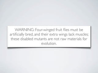 WARNING: Four-winged fruit ﬂies must be
artiﬁcially bred, and their extra wings lack muscles;
 these disabled mutants are not raw materials for
                      evolution.
 