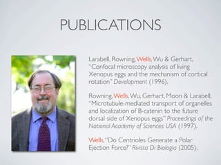 PUBLICATIONS

   Larabell, Rowning, Wells, Wu & Gerhart,
   “Confocal microscopy analysis of living
   Xenopus eggs and the mechanism of cortical
   rotation” Development (1996).

   Rowning, Wells, Wu, Gerhart, Moon & Larabell,
   “Microtubule-mediated transport of organelles
   and localization of B-catenin to the future
   dorsal side of Xenopus eggs” Proceedings of the
   National Academy of Sciences USA (1997).

   Wells, “Do Centrioles Generate a Polar
   Ejection Force?” Rivista Di Biologia (2005).
 