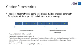 Codice fotometrico
• Il codice fotometrico è composto da sei digits e indica i parametri
fondamentali della qualità della luce come da esempio:
 