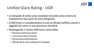 Unified Glare Rating - UGR
• Le lampade di solito sono installate tenendo come criterio di
installazione due punti di vista ortogonali.
• L’UGR tiene in considerazione la luce di sfondo (soffitto, pareti e
oggetti) che sono in una posizione standard.
• Riepilogando il valore UGR tiene conto della:
• Posizione dell’osservatore
• Luminanza della lampada
• Dimensione dell’ambiente
• Sfondo dove sono collocate le lampade
 
