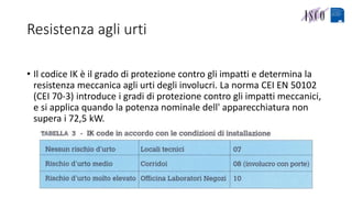 Resistenza agli urti
• Il codice IK è il grado di protezione contro gli impatti e determina la
resistenza meccanica agli urti degli involucri. La norma CEI EN 50102
(CEI 70-3) introduce i gradi di protezione contro gli impatti meccanici,
e si applica quando la potenza nominale dell' apparecchiatura non
supera i 72,5 kW.
 