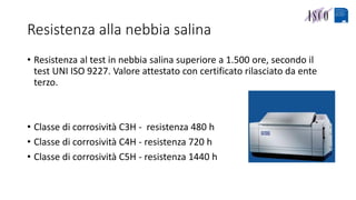 Resistenza alla nebbia salina
• Resistenza al test in nebbia salina superiore a 1.500 ore, secondo il
test UNI ISO 9227. Valore attestato con certificato rilasciato da ente
terzo.
• Classe di corrosività C3H - resistenza 480 h
• Classe di corrosività C4H - resistenza 720 h
• Classe di corrosività C5H - resistenza 1440 h
 