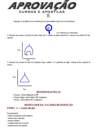 E
- chapatipo2édeplásticodecorvermelhaqueserveparaidentificaralesão,tem4cmdediâmetro.
F
Ex.:CisticerecoseouTuberculose.
2. Marcação das carcaças comlesões de aftosa:chapa tipo 3, metálico, na paleta esquerda da ½ carcaça comcarimboNE(não
exportar)
7cm
5cm
3. Marcação das carcaças de abate de emergência: chapa metálica nº 4, pendurado na região mediana da face esquerda da
carcaça.
9cm
5cm
DESTINODAS PEÇAS
- Carcaças- câmararefrigeraçãoouDIF
- Cabeçaselíngua- salademiúdos,DIFoudigestores
- Vísceras- salademiúdos,DIF oudigestores.
ROTINAOFICIALNALINHADEINSPEÇÃO
LINHA A =exame dospés
Fasepreparatória
- esfolaredesarticularmocotósdianteiros
- numerarcarpo,metacarpo
- numerarmetatarso
- completarincisãodos4mocotós
- transportarparameia inspeção
 
