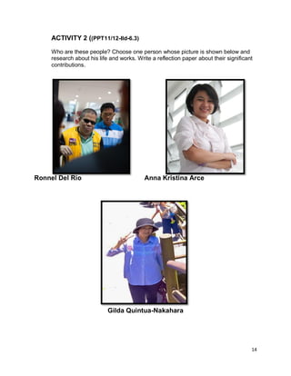 14
ACTIVITY 2 ((PPT11/12-Ild-6.3)
Who are these people? Choose one person whose picture is shown below and
research about his life and works. Write a reflection paper about their significant
contributions.
Ronnel Del Rio Anna Kristina Arce
Gilda Quintua-Nakahara
 