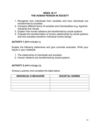 16
WEEK 16-17
THE HUMAN PERSON IN SOCIETY
1. Recognize how individuals from societies and how individuals are
transformed by societies.
2. Compare different forms of societies and individualities (e.g. Agrarian,
Industrial and virtual)
3. Explain how human relations are transformed by social systems
4. Evaluate the transformation of human relationships by social systems
and how societies transform individual human beings.
ACTIVITY 1 (PPT11/12-Ilf-7.1)
Explain the following statements and give concrete examples. Write your
inputs in your notebook.
1. The relationship of individuals and societies
2. Human relations are transformed by social systems
ACTIVITY 2 (PPT11/12-Ilg-7.2)
Choose a partner and complete the table below.
INDIVIDUAL’S BEHAVIOR SOCIETAL NORMS
 