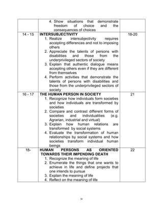 iv
4. Show situations that demonstrate
freedom of choice and the
consequences of choices
14 - 15 INTERSUBJECTIVITY
1. Realize intersubjectivity requires
accepting differences and not to imposing
others
2. Appreciate the talents of persons with
disabilities and those from the
underprivileged sectors of society
3. Explain that authentic dialogue means
accepting others even if they are different
from themselves
4. Perform activities that demonstrate the
talents of persons with disabilities and
those from the underprivileged sectors of
society
18-20
16 - 17 THE HUMAN PERSON IN SOCIETY
1. Recognize how individuals form societies
and how individuals are transformed by
societies
2. Compare and contrast different forms of
societies and individualities (e.g.
Agrarian, industrial and virtual)
3. Explain how human relations are
transformed by social systems
4. Evaluate the transformation of human
relationships by social systems and how
societies transform individual human
beings
21
18- HUMAN PERSONS AS ORIENTED
TOWARDS THEIR IMPENDING DEATH
1. Recognize the meaning of life
2. Enumerate the things that one wants to
achieve in life and define projects that
one intends to pursue
3. Explain the meaning of life
4. Reflect on the meaning of life
22
 