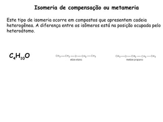 Isomeria de compensação ou metameria Este tipo de isomeria ocorre em compostos que apresentem cadeia heterogênea. A diferença entre os isômeros está na posição ocupada pelo heteroátomo. C 4 H 10 O                    