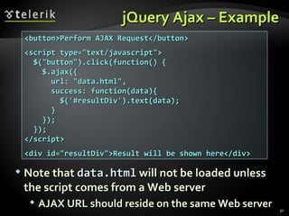 jQuery Ajax – Example <button>Perform AJAX Request</button> <script type="text/javascript"> $("button").click(function() { $.ajax({ url: "data.html", success: function(data){ $('#resultDiv').text(data); } }); }); </script> <div id="resultDiv">Result will be shown here</div> Note that  data.html  will not be loaded unless the script comes from a Web server AJAX URL should reside on the same Web server 