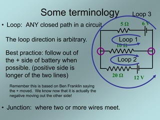 Some terminology
• Loop: ANY closed path in a circuit. 5 Ω 6 V
10 Ω
12 V20 Ω
• Junction: where two or more wires meet.
Best practice: follow out of
the + side of battery when
possible. (positive side is
longer of the two lines)
The loop direction is arbitrary. Loop 1
Loop 2
Loop 3
Remember this is based on Ben Franklin saying
the + moved. We know now that it is actually the
negative moving out the other side!
 