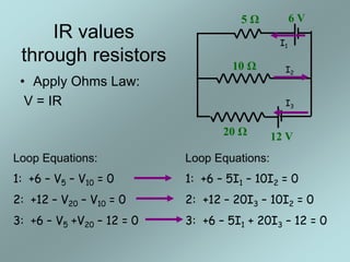 5 Ω 6 V
10 Ω
12 V20 Ω
IR values
through resistors
• Apply Ohms Law:
V = IR
Loop Equations:
1: +6 – V5 – V10 = 0
2: +12 – V20 – V10 = 0
3: +6 – V5 +V20 – 12 = 0
Loop Equations:
1: +6 – 5I1 – 10I2 = 0
2: +12 – 20I3 – 10I2 = 0
3: +6 – 5I1 + 20I3 – 12 = 0
I1
I3
I2
 