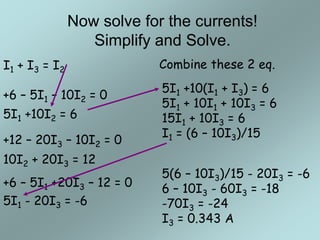 Now solve for the currents!
Simplify and Solve.
I1 + I3 = I2
+6 – 5I1 +20I3 – 12 = 0
+12 – 20I3 – 10I2 = 0
+6 – 5I1 – 10I2 = 0
5I1 - 20I3 = -6
10I2 + 20I3 = 12
5I1 +10I2 = 6
Combine these 2 eq.
5I1 +10(I1 + I3) = 6
5I1 + 10I1 + 10I3 = 6
15I1 + 10I3 = 6
I1 = (6 – 10I3)/15
5(6 – 10I3)/15 - 20I3 = -6
6 – 10I3 - 60I3 = -18
-70I3 = -24
I3 = 0.343 A
 