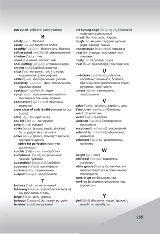 255
run out of вибігати; закінчуватися
S
safety [9seiftI] безпека
salary [9s2l3rI] заробітна плата
security [si9kjU3ritI] безпечність; безпека
self-assured [0self39SU3d] самовпевнений
shadow [9S2d3U] тінь
sheer [Si3] явний, абсолютний
shot-putting [9SAtpUtiN] штовхання ядра
shrimp [Srimp] дрібна креветка
sitter [9sit3] натурник; той, хто позує
художникові (фотографові)
skilled [skild] кваліфікований, умілий
speciality [0speSI92litI] фах, спеціальність;
фірмова страва
spectator [spek9teit3] глядач
spicy [9spaisI] присмачений спеціями;
змішаний зі спеціями; пряний
sport event [0spc:t i9vent] спортивне
змагання
steer clear of smb (smth) уникати когось
(щось)
stew [stju:] тушкувати(ся)
still life [0stil 9laif] натюрморт
strict [strikt] суворий
strike [straik] (struck; struck, stricken)
бити, ударяти(ся); влучати
strive [straiv] (strove, striven) старатися;
докладати зусиль
strive for perfection прагнути
досконалості
suicide [9s(j)u:isaid] самогубство
sumptuous [9symtjUCs] розкішний;
пишний, чудовий
superstition [0su:p39stiSn] забобон
suppress [s39pres] пригнічувати
survival [s39vaivl] виживання
suspect [s39spekt] підозрювати
Т
tactless [9t2ktl3s] нетактовний
takeaway [9teik3wei] що відпускається на
дім (про готові страви)
target [9t4:git] ціль, мішень
tarragon [9t2r3g3n] бот. полин острогін
tension [9tenSn] напруження
the cutting edge [q3 0kytiN 9edz] передній
край, центр діяльності
threat [8ret] загроза, погроза
tough [tyf] міцний, твердий; цупкий;
розм. важкий, тяжкий
transmission [tr2nx9miSn] передача
treat [trI:t] поводитися, ставитися;
лікувати
treaty [9trI:tI] договір, угода
trust [tryst] довіряти(ся); покладатися
U
undertake [0ynd39teik] (undertook,
undertaken) починати, братися;
брати на себе (зобов'язання тощо);
ручатися, гарантувати
unrest [yn9rest] хвилювання;
заворушення
V
value [9v2lju:] цінність; вартість; ціна
Vancouver [v2n9ku:v3] Ванкувер
veal [vI:l] телятина
victim [9viktim] жертва
violation [0vai39leiSn] осквернення;
порушення
vocational [v3U9keiS3nl] професійний
voluntarily [9vAl3ntrilI] добровільно;
навмисно
volunteer [0vAl3n9ti3] доброволець,
волонтер
W
weight [weit] вага
whirlpool [9wE:lpu:l] водоверть,
коловорот
white goods [9wait gUdx] техніка, яка
використовується в домашньому
господарстві
work of art витвір мистецтва
work on (a project) працювати над
(проектом)
Y
yield [jI:ld] збирання плодів (урожаю);
виробіток; видобуток
 