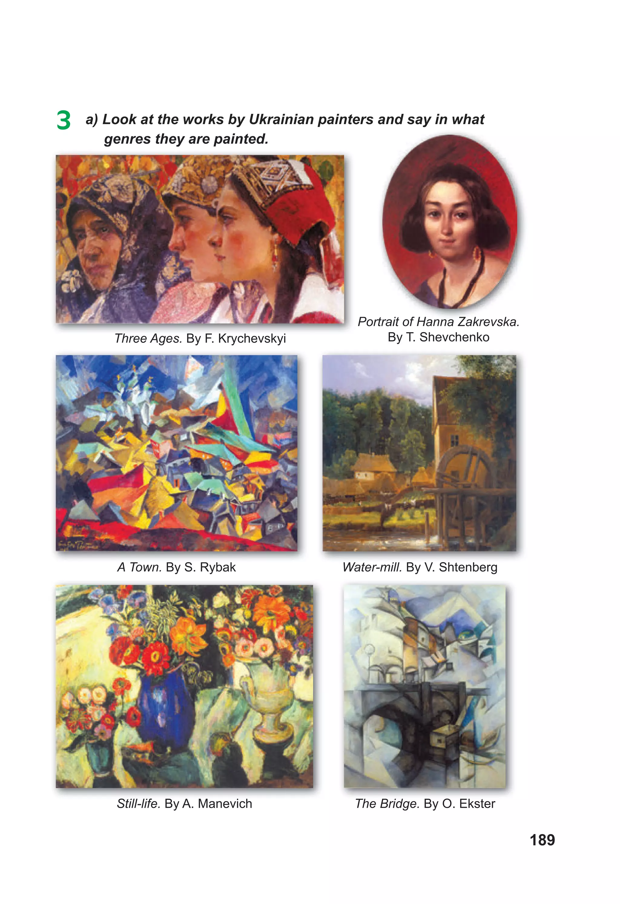 189
3 a) Look at the works by Ukrainian painters and say in what
genres they are painted.
Water-mill. By V. Shtenberg
The Bridge. By O. Ekster
Portrait of Hanna Zakrevska.
By T. Shevchenko
A Town. By S. Rybak
Still-life. By A. Manevich
Three Ages. By F. Krychevskyi
 
