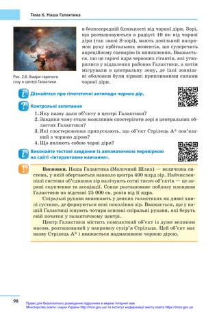 98
Тема 6. Наша Галактика
в безпосередній близькості від чорної діри. Зорі,
що розташовуються в  радіусі 10  пк від чорної
діри (так звані S-зорі), мають довільний напря-
мок руху орбітальних моментів, що суперечить
акреційному сценарію їх виникнення. Вважаєть-
ся, що це гарячі ядра червоних гігантів, які утво-
рилися у віддалених районах Галактики, а потім
мігрували в  центральну зону, де їхні зовніш-
ні оболонки були зірвані припливними силами
чорної діри.
Дізнайтеся про гіпотетичні антиподи чорних дір.
Контрольні запитання
1.	Яку назву дали об’єкту в центрі Галактики?
2.	Завдяки чому стало можливим спостерігати зорі в центральних об-
ластях Галактики?
3.	Які спостереження припускають, що об’єкт Стрілець А* пов’яза-
ний з чорною дірою?
4.	Що являють собою чорні діри?
Виконайте тестові завдання із автоматичною перевіркою
на сайті «Інтерактивне навчання».
Висновки. Наша Галактика (Молочний Шлях) — величезна си-
стема, у якій обертаються навколо центра 400 млрд зір. Найчислен-
ніші системи об’єднання зір налічують сотні тисяч об’єктів — це зо-
ряні скупчення та асоціації. Сонце розташоване поблизу площини
Галактики на відстані 25 000 св. років від її ядра.
Спіральні рукави виникають у деяких галактиках як дивні хви-
лі густини, де формуються нові покоління зір. Вважається, що у на-
шій Галактиці існують чотири основні спіральні рукави, які беруть
свій початок у галактичному центрі.
Центр Галактики містить компактний об’єкт із дуже великою
масою, розташований у напрямку сузір’я Стрільця. Цей об’єкт має
назву Стрілець A* і вважається надмасивною чорною дірою.
Рис. 2.8. Хмари гарячого
газу в центрі Галактики
Право для безоплатного розміщення підручника в мережі Інтернет має
Міністерство освіти і науки України http://mon.gov.ua/ та Інститут модернізації змісту освіти https://imzo.gov.ua
 