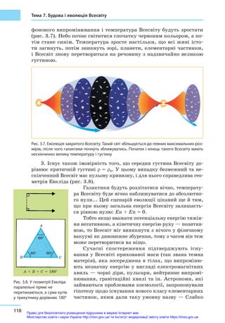 110
Тема 7. Будова і еволюція Всесвіту
фонового випромінювання і температура Всесвіту будуть зростати
(рис. 3.7). Небо почне світитися спочатку червоним кольором, а по-
тім стане синім. Температура зросте настільки, що всі живі істо-
ти загинуть, потім зникнуть зорі, планети, елементарні частинки,
і Всесвіт знову перетвориться на речовину з надзвичайно великою
густиною.
Рис. 3.7. Еволюція закритого Всесвіту. Такий світ збільшується до певних максимальних роз-
мірів, після чого галактики почнуть зближуватись. Початок і кінець такого Всесвіту мають
нескінченно велику температуру і густину
3. Існує також імовірність того, що середня густина Всесвіту до-
рівнює критичній густині ρ = ρ0. У цьому випадку безмежний та не-
скінченний Всесвіт має нульову кривизну, і для нього справедлива гео­
метрія Евкліда (рис. 3.8).
Галактики будуть розлітатися вічно, температу-
ра Всесвіту буде вічно наближуватися до абсолютно-
го нуля... Цей сценарій еволюції цікавий ще й тим,
що при ньому загальна енергія Всесвіту залишаєть-
ся рівною нулю: Eк + Eп = 0.
Тобто якщо вважати потенціальну енергію тяжін-
ня негативною, а кінетичну енергію руху — позитив-
ною, то Всесвіт міг виникнути з нічого у фізичному
вакуумі як дивовижне збурення, тому з часом він теж
може перетворитися на ніщо.
Сучасні спостереження підтверджують існу-
вання у Всесвіті прихованої маси (так звана темна
матерія), яка зосереджена в тілах, що випроміню-
ють незначну енергію у вигляді електромагнітних
хвиль — чорні діри, пульсари, нейтринне випромі-
нювання, гравітаційні хвилі та ін. Астрономи, які
займаються проблемами космології, запропонували
гіпотезу щодо існування нового класу елементарних
частинок, яким дали таку умовну назву — Слабко
A
B C
A + B + C = 180°
60° 60°
60°
Рис. 3.8. У геометрії Евкліда
паралельні прямі не
перетинаються, а сума кутів
у трикутнику дорівнює 180°
Право для безоплатного розміщення підручника в мережі Інтернет має
Міністерство освіти і науки України http://mon.gov.ua/ та Інститут модернізації змісту освіти https://imzo.gov.ua
 