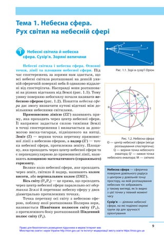 9
Тема 1. Небесна сфера.
Рух світил на небесній сфері
	 Небесні світила й небесна
сфера. Сузір’я. Зоряні величини
Небесні світила і небесна сфера. Основні
точки, лінії та площини небесної сфери. Під
час спостережень за зорями нам здається, що
всі небесні світила розташовані на деякій уяв-
ній сферичній поверхні неба й однаково віддале-
ні від спостерігача. Насправді вони розташова-
ні на різних відстанях від Землі (рис. 1.1). Тому
уявну поверхню небосхилу почали називати не-
бесною сферою (рис. 1.2). Поняття небесна сфе-
ра дає змогу визначити кутові відстані між до-
вільними небесними світилами.
Прямовисною лінією (ZZʹ) називають пря-
му, яка проходить через центр небесної сфери.
Її напрямок задається силою тяжіння Землі
в точці спостереження і визначається за допо-
могою виска-тягарця, підвішеного на нитці.
Зеніт (Z) — верхня точка перетину прямовис-
ної лінії з небесною сферою, а надир (Zʹ) — точ-
ка небесної сфери, протилежна зеніту. Площи-
ну, яка проходить через центр небесної сфери та
є перпендикулярною до прямовисної лінії, нази-
вають площиною математичного (справжнього)
горизонту.
Велике коло небесної сфери, яке проходить
через зеніт, світило й надир, називають колом
висоти, або вертикальним колом (ZМZʹ).
Вісь світу (PNPS) — це пряма, що проходить
через центр небесної сфери паралельно осі обер-
тання Землі й перетинає небесну сферу у двох
діаметрально протилежних точках.
Точка перетину осі світу з небесною сфе-
рою, поблизу якої розташована Полярна зоря,
називається Північним полюсом світу (PN),
з протилежного боку розташований Південний
полюс світу (PS).
1
Небесна сфера — сферична
поверхня довільного радіуса
з центром у довільній точці
простору, на якій розташування
небесних тіл зображають
у такому вигляді, як їх видно
з цієї точки у певний момент
часу
Сузір’я — ділянки небесної
сфери, на які поділені окремі
групи зір для зручності
орієнтування
D
J
E
[
H
G
N
Рис. 1.1. Зорі в сузір’ї Оріон
PN
Z
Z
Q
M
E
O
W
SN
PS
Q
Рис. 1.2. Небесна сфера
O — центр небесної сфери (місце
розташування спостерігача);
Q — верхня точка небесного
екватора; Qʹ — нижня точка
небесного екватора; М — світило
Право для безоплатного розміщення підручника в мережі Інтернет має
Міністерство освіти і науки України http://mon.gov.ua/ та Інститут модернізації змісту освіти https://imzo.gov.ua
 