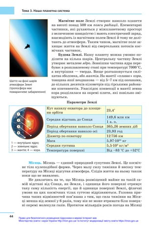 44
Тема 3. Наша планетна система
Магнітне поле Землі створює навколо планети
на висоті понад 500 км пояси радіації. Елементарні
частинки, які рухаються у міжпланетному просторі
з величезною швидкістю і мають електричний заряд,
взаємодіють із магнітним полем Землі й тому не долі-
тають до атмосфери. Таким чином, магнітне поле за-
хищає життя на Землі від смертельних потоків кос-
мічних частинок.
Будова Землі. Нашу планету можна умовно по-
ділити на кілька шарів. Центральну частину Землі
утворює металеве ядро. Зовнішня частина ядра пере-
буває в розплавленому стані при температурі 7000 °С,
а внутрішня — тверда. Вище розташовується силі-
катна оболонка, або мантія. На мантії «плаває» кора,
товщина якої неоднакова — від 5–7 км під океанами,
до кількох десятків кілометрів під гірськими района-
ми континентів. Унаслідок конвекції в мантії земна
кора розділилася на окремі плити, які повільно змі-
щуються.
Параметри Землі
1 — внутрішнє ядро;
2 — зовнішнє ядро;
3 — мантія; 4 — кора.
1
2
3
4
Кут нахилу екватора до площи-
ни орбіти
23,4°
Середня відстань до Сонця
149,6 млн км
1 а. о.
Період обертання навколо Сонця 365,26 земних діб
Період обертання навколо осі 23,93 год
Діаметр по екватору 12 756 км
Маса 5,97·1024
кг
Середня густина 5,5·103
кг/м3
Температура поверхні Від –83 °С до +52°С
Місяць. Місяць — єдиний природний супутник Землі. Це косміч-
не тіло кулеподібної форми. Через малу силу тяжіння й високу тем-
пературу на Місяці відсутня атмосфера. Слідів життя на ньому також
поки що не виявлено.
Не дивлячись на те, що Місяць розміщений майже на такій са-
мій відстані від Сонця, як Земля, і одиниця його поверхні отримує
таку саму кількість енергії, що й одиниця поверхні Землі, фізичні
умови на цих космічних тілах суттєво відрізняються. Головна при-
чина таких відмінностей пов’язана з тим, що сила тяжіння на Міся-
ці менша від земної у 6 разів, тому він не може втримати біля поверх-
ні окремі молекули газів. Протягом мільярдів років погода на Місяці
Шаттл на фоні шарів
атмосфери Землі
(тропосфера має
помаранчеве забарвлення)
Право для безоплатного розміщення підручника в мережі Інтернет має
Міністерство освіти і науки України http://mon.gov.ua/ та Інститут модернізації змісту освіти https://imzo.gov.ua
 
