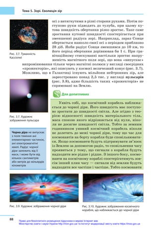88
Тема 5. Зорі. Еволюція зір
осі з витягнутими в різні сторони руками. Потім по-
ступово руки підводять до тулуба, при цьому ку-
това швидкість обертання різко зростає. Таке саме
зростання кутової швидкості спостерігається при
зменшенні радіуса зорі. Наприклад, зараз Сонце
обертається навколо своєї осі з періодом приблизно
28 діб. Якби радіус Сонця зменшився до 10 км, то
його період обертання дорівнював би 1 с. При гра-
вітаційному стискуванні настільки зростає напру-
женість магнітного поля зорі, що вона «випускає»
випромінювання тільки через магнітні полюси у вигляді своє­рідних
«прожекторів», які описують у космосі величезний конус (рис. 3.7).
Можливо, що в Галактиці існують мільйони нейтронних зір, але
зареєстровано понад 2,5 тис. у вигляді пульсарів
(рис. 3.8), адже більшість таких «прожекторів» не
спрямовані на Землю.
Для допитливих
Уявіть собі, що космічний корабель наближа-
ється до чорної діри. Його швидкість має поступо-
во зростати до швидкості світла. Але згідно з тео­
рією відносності швидкість матеріального тіла,
маса спокою якого відрізняється від нуля, ніко-
ли не досягне швидкості світла. Тобто за земним
годинником уявний космічний корабель ніколи
не долетить до межі чорної діри, тому що час для
космонавтів на борту корабля буде сповільнювати-
ся. Якщо космонавти будуть підтримувати зв’язок
із Землею за допомогою радіо, то сповільнення часу
проявиться у тому, що сигнали з корабля будуть
надходити все рідше і рідше. З іншого боку, космо-
навти на космічному кораблі спостерігатимуть зов-
сім інший плин часу — сигнали від землян будуть
надходити все частіше і частіше. Тобто космонавти
Чорна діра не випускає
з поля тяжіння ані
елементарних частинок,
ані електромагнітні
хвилі. Радіус чорної
діри залежить від її
маси, і може бути від
кількох сантиметрів
або метрів до мільярдів
кілометрів
Рис. 3.9. Художнє зображення чорної діри Рис. 3.10. Художнє зображення космічного
корабля, що наближається до чорної діри
Рис. 3.7. Туманність
Кассіопеї
Рис. 3.7. Художнє
зображення пульсара
Право для безоплатного розміщення підручника в мережі Інтернет має
Міністерство освіти і науки України http://mon.gov.ua/ та Інститут модернізації змісту освіти https://imzo.gov.ua
 