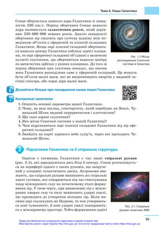 Тема 6. Наша Галактика
95
Сонце обертається навколо ядра Галактики зі швид-
кістю 230 км/с. Період обертання Сонця навколо
ядра називається галактичним роком, який дорів-
нює 250 000 000 земних років. Аналіз швидкості
обертання зір свідчить про суттєву відміну між по-
ведінкою об’єктів у сферичній та плоскій складових
Галактики. Якщо зорі плоскої складової обертають-
ся навколо центру Галактики поблизу однієї площи-
ни, то зорі сферичної складової об’єднані у величезні
кулясті скупчення, що обертаються навколо центру
по витягнутих орбітах у різних площинах. До того ж
період обертання цих скупчень показує, що значна
маса Галактики розподілена саме у сферичній складовій. Це можуть
бути об’єкти малої маси, які не випромінюють енергію у видимій ча-
стині спектра, або чорні діри малої маси.
Дізнайтеся більше про походження назви нашої Галактики.
Контрольні запитання
1.	Опишіть основні параметри нашої Галактики.
2.	Чому, на ваш погляд, спостерігачу, який перебуває на Землі, Чу-
мацький Шлях видний переривчастим і клоччастим?
3.	Що таке зоряні скупчення?
4.	Яке місце Сонячної системи у нашій Галактиці?
5.	Чим відрізняються зорі плоскої складової Галактики від зір сфе-
ричної складової?
6.	Знайдіть на карті зоряного неба сузір’я, через які проходить Чу-
мацький Шлях.
	 Підсистеми Галактики та її спіральна структура.
Однією з  таємниць Галактики є  так звані спіральні рукави
(рис. 2.1), які зароджуються десь біля її центру. Сонце розташовуєть-
ся на периферії одного з таких рукавів, що закруче-
ний у площині галактичного диска. Астрономи вва-
жають, що спіральні рукави виникають як спіральні
хвилі густини, які створюються під час стискування
хмар міжзоряного газу на початковому етапі форму-
вання зір. У свою чергу, при виникненні зір у міжзо-
ряних хмарах газу та пилу виникають ударні хвилі,
що призводить до утворення молодих зір. Коли ма-
сивні зорі спалахують як Наднові, то теж утворюють-
ся нові туманності, й нові ударні хвилі поширюють-
ся у міжзоряному просторі. Тобто формування однієї
2
Рис. 1.5 Місце
розташування Сонячної
системи в Галактиці
Рис. 2.1. Спіральні
рукави галактики М80
Право для безоплатного розміщення підручника в мережі Інтернет має
Міністерство освіти і науки України http://mon.gov.ua/ та Інститут модернізації змісту освіти https://imzo.gov.ua
 