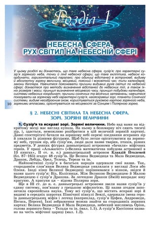 10
У цьому розділі ви дізнаєтесь, що таке небесна сфера, сузір’я; про характерні су-
зір’я зоряного неба, точки й лінії небесної сфери; що таке екліптика, небесні ко-
ординати, горизонтальний паралакс; про одиниці відстаней в астрономії, видиму
й абсолютну зоряну величину, місцевий, поясний і всесвітній час; типи календарів;
закони Кеплера. Навчитеся пояснювати причини видимих рухів світил по небесній
сфері; дізнаєтеся про методи визначення відстаней до небесних тіл, а також їх-
ніх розмірів і маси; принцип визначення місцевого часу, принцип побудови календаря,
системи небесних координат; причини сонячних та місячних затемнень; навчитеся
показувати на зоряному небі характерні сузір’я, найяскравіші зорі, планети Сонячної
системи, видимі неозброєним оком, користуватися рухомою картою зоряного неба,
зоряними атласами, орієнтуватися на місцевості за Сонцем і Полярною зорею.
§ 2. НЕБЕСНІ СВІТИЛА ТА НЕБЕСНА СФЕРА.
ЗОРІ. ЗОРЯНІ ВЕЛИЧИНИ
С е о над нами на від-
критому місці ма вигляд купола. а ньому в ез марну ніч сяють тисячі
зір, і, зда ться, немо ливо розі ратися в цій величній зоряній картині.
авні спостерігачі ачили на зоряному не і окремі по днання яскрави зір
й уявляли ї різними ігурами. о уло легше орі нтуватися на зоряно-
му не і, групам зір, а о сузір ям, люди дали назви тварин, пта ів, різни
предметів. У деяки ігура давньогрецькі астрономи « ачили» мі ічни
героїв. У праці «Альмагест» («Велика математична по удова астрономії в
1 книга », II ст. н. е.) давньогрецький астроном авді Пто е е
( л. 87 16 ) згаду 48 сузір їв. е Велика Ведмедиця та Мала Ведмедиця,
ракон, е ідь, рел, елець, ерези та ін.
айпомітніші сузір я в агатьо народів одер али свої назви. ак,
стародавнім слов янам Велика Ведмедиця уявлялася у вигляді ося а о
леня. ноді ківш Великої Ведмедиці порівнювався з візком, звідси й
назви цього сузір я: Віз, Колісниця. Мі Великою Ведмедицею й Малою
Ведмедицею сузір я ракона. а легендою ракон ( мій) викрада юну
красуню. А красуня ця відома олярна зоря.
е в III ст. до н. е. давньогрецькі астрономи звели назви сузір їв у
дину систему, пов язану з грецькою мі ологі ю. і назви згодом запо-
зичила вропейська наука. ому всі сузір я, о містять яскраві зорі й
видимі в середні широта івнічної півкулі емлі, одер али імена геро-
їв давньогрецьки мі ів і легенд (наприклад, сузір я е ея, Андромеди,
егаса, ерсея). ні зо ра ення мо на знайти на стародавні зоряни
карта : Велика Ведмедиця й Мала Ведмедиця, не есний мисливець ріон,
голова зоряного ика ельця та ін. (мал. 1.1). А сузір я Кассіопея назва-
но на честь мі ічної цариці (мал. 1.2).
С
критому місці ма вигляд купола. а ньому в ез марну ніч сяють тисячі
Розділ 1
НЕБЕСНА СФЕРА.
РУХ СВІТИЛ НА НЕБЕСНІЙ СФЕРІ
 