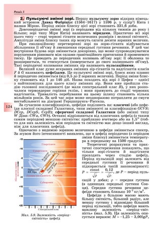 124
Розділ
2. ершу у у у зор відкрив німець-
кий астроном авид абрі іу (1 64 1617) у 1 96 р. у сузір ї Кита і
назвав Мірою. еріод зміни лиску ці ї зорі становить 1,6 до и.
овгоперіодичні змінні зорі (з періодами від кілько ти нів до року і
ільше зорі типу Міри Кита) називають ірида и. рактично всі зорі
цього типу старі червоні гіганти величезни розмірів і великої світності.
Амплітуди зміни лиску таки зір мо уть сягати десяти зоряни величин.
ри еволюційному перетворенні зорі на зорю-гіганта від ува ться
з ільшення її о му й зменшення середньої густини речовини. У цей час
внутрішня удова зорі зміню ться докорінно, о мо е супровод уватися
порушенням рівноваги мі силами гравітаційного притягання й променевого
тиску. е приводить до періодични коливань о му зорі: її о олонка то
розширю ться, то стиску ться (поверта ться до свого колишнього о му).
акі періодичні коливання змінни зір називають у а і ни и.
Великий клас ду е яскрави змінни зір-гігантів та надгігантів класів
F й G називають е е да и. е пульсуючі змінні зорі, лиск яки плавно
й періодично зміню ться (від 0, до 2 зоряни величин). еріод зміни лис-
ку становить від 1 до 146 ді . азва по одить від зорі δ е ея одні ї
з найтиповіши для цього класу змінни зір. Вони в е пройшли ста-
дію головної послідовності (де мали спектральний клас B), у ни розпо-
чалося термоядерне горіння гелію, і вони прямують до стадії червони
надгігантів. ривалість пере ування на цьому шля у становить кілька
мільйонів років. а цей час зоря мо е неодноразово потрапляти до смуги
неста ільності на діаграмі Герцшпрунга ассела.
а сучасною класи ікаці ю, це еїди поділяють на: к а и ні (а о це е-
їди плоскої складової Галактики, типи змінності за класи ікаці ю GCVS:
DCep, DCepS, CepB) ери но к адово а актики (а о змінні типу
W іви: CWa, CWb). станні відрізняються від класични це еїд (з таким
самим періодом) меншою світністю: при лизно вчетверо а о на 1, m
(то -
то для ни зале ність мі періодом та світністю ма де о інший вигляд,
ні для класични це еїд).
дночасно з видимою зоряною величиною в це еїди зміню ться спектр.
а зсувом його інтенсивності виявлено, о в це еїд періодично (з періодом
зміни лиску) зміню ться температу-
ра в середньому на 1 00 градусів.
еоретичні розра унки та прак-
тичні спостере ення показують, о
тільки зорі-гіганти й надгіганти
про одять через стадію це еїд.
еріод пульсацій зорі зале ить від
середньої густини її речовини й
підкоря ться такій закономірності:
, де P період пуль-
сацій у до а ; ρ середня густина
(в одиниця середньої густини Сон-
ця). Середня густина речовини це-
еїди становить лизько 10 2
кг/м .
е еїди з ільшою масою мають
ільшу світність, ільший радіус, але
меншу густину і відповідно ільший
період пульсації, то то це еїди мають
ва ливу зале ність «період світ-
ність» (мал. .9). я зале ність опи-
су ться виразом: Ì = 1,2 ,00 P,
Ìàë. 5.9. але ність «період
світність» це еїд
 