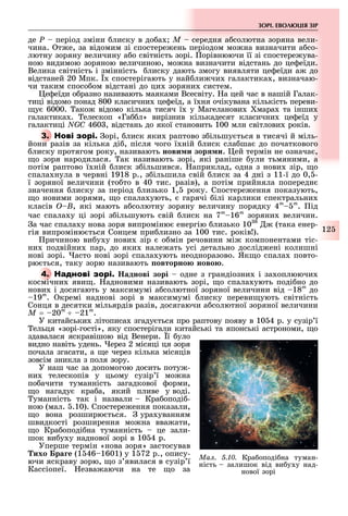 12
ЗОРІ. ЕВОЛ ЦІЯ ЗІР
äå Ð період зміни лиску в до а Ì середня а солютна зоряна вели-
чина. т е, за відомим зі спостере ень періодом мо на визначити а со-
лютну зоряну величину а о світність зорі. орівнюючи її зі спостере ува-
ною видимою зоряною величиною, мо на визначити відстань до це еїди.
Велика світність і змінність лиску дають змогу виявляти це еїди а до
відстаней 20 Мпк. спостерігають у най ли чи галактика , визначаю-
чи таким спосо ом відстані до ци зоряни систем.
е еїди о разно називають маяками Всесвіту. а цей час в нашій Галак-
тиці відомо понад 800 класични це еїд, а ї ня очікувана кількість переви-
у 6000. ако відомо кілька тисяч ї у Магеланови мара та інши
галактика . елескоп «Га л» вирізнив кількадесят класични це еїд у
галактиці NGC 460 , відстань до якої становить 100 млн світлови років.
3. Н орі, лиск яки раптово з ільшу ться в тисячі й міль-
йони разів за кілька ді , після чого ї ній лиск сла ша до початкового
лиску протягом року, називають нови и зор и. ей термін не означа ,
о зоря народилася. ак називають зорі, які раніше ули тьмяними, а
потім раптово ї ній лиск з ільшився. априклад, одна з нови зір, о
спала нула в червні 1918 р., з ільшила свій лиск за 4 дні з 11-ї до 0, -
ї зоряної величини (то то в 40 тис. разів), а потім прийняла попередн
значення лиску за період лизько 1, року. Спостере ення показують,
о новими зорями, о спала ують, гарячі ілі карлики спектральни
класів Î–Â, які мають а солютну зоряну величину порядку 4m
–5m
. ід
час спала у ці зорі з ільшують свій лиск на 7m
16m
зоряни величин.
а час спала у нова зоря випроміню енергію лизько 10 8
(така енер-
гія випроміню ться Сонцем при лизно за 100 тис. років ).
ричиною ви у у нови зір о мін речовини мі компонентами тіс-
ни подвійни пар, до яки нале ать усі детально дослід ені колишні
нові зорі. асто нові зорі спала ують неодноразово. Як о спала повто-
рю ться, таку зорю називають овторно ново .
4. Н аднові зорі одне з грандіозни і за оплюючи
космічни яви . адновими називають зорі, о спала ують поді но до
нови і досягають у максимумі а солютної зоряної величини від 18m
äî
19m
. кремі наднові зорі в максимумі лиску переви ують світність
Сонця в десятки мільярдів разів, досягаючи а солютної зоряної величини
Ì = 20m
21m
.
У китайськи літописа згаду ться про раптову появу в 10 4 р. у сузір ї
ельця «зорі-гості», яку спостерігали китайські та японські астрономи, о
здавалася яскравішою від Венери. ї уло
видно навіть удень. ерез 2 місяці ця зоря
почала згасати, а е через кілька місяців
зовсім зникла з поля зору.
У наш час за допомогою досить поту -
ни телескопів у цьому сузір ї мо на
по ачити туманність загадкової орми,
о нагаду кра а, який пливе у воді.
уманність так і назвали Кра оподі -
ною (мал. .10). Спостере ення показали,
о вона розширю ться. ура уванням
швидкості розширення мо на вва ати,
о Кра оподі на туманність це зали-
шок ви у у наднової зорі в 10 4 р.
Уперше термін «нова зоря» застосував
ихо ра е (1 46 1601) у 1 72 р., опису-
ючи яскраву зорю, о з явилася в сузір ї
Кассіопеї. езва аючи на те о за
Ìàë. 5.10. Кра оподі на туман-
ність залишок від ви у у над-
нової зорі
 