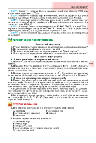 129
ЗОРІ. ЕВОЛ ЦІЯ ЗІР
5.19**. Визначте густину ілого карлика, який ма діаметр 1000 км,
а його маса дорівню 10 0
кг.
5.20**. Визначте густину зорі Бетельгейзе, як о її радіус у 400 разів
ільший від радіуса Сонця, а маса при лизно дорівню масі Сонця.
5.21**. Якою уде світність Сонця, як о воно в май утньому перетво-
риться на червоний гігант радіусом у 10 разів ільшим від сучасного і з
температурою 000 К
5.22**. У центрі Сонця температура сяга 1 000 000 К, а в ядрі іли
карликів температура понад 0 000 000 К. ому на Сонці від уваються
термоядерні реакції, а в надра іли карликів ні
5.23**. яким періодом пульсувало Сонце, як и воно перетворилося
на це еїду
ÏÅÐÅÂІÐ ÑÂÎÞ ÊÎÌÏÅÒÅÍÒÍІÑÒÜ
онтро ні за итанн
1. У чому відмінність мі видимою та а солютною з яними величинами
2. Як астрономи вимірюють температуру зір
. и мо е червоний карлик перетворитися на ілий карлик
4. ому пульсари періодично змінюють інтенсивність випромінювання
о зна і в і робити
 в і розв зувати а троно і ні зада і
1. оясніть, як за кольором зорі мо на на ли ено визначити її темпе-
ратуру.
2. аралакс Сіріуса дорівню 0, 7′′, а паралакс Веги 0,12′′. Виразіть
відстань до ци зір у парсека , у світлови рока , в астрономічни оди-
ниця та в кілометра .
. Видима зоряна величина зорі становить
m
. Якою уде видима зоря-
на величина ці ї самої зорі, як о відстань до неї з ільшиться в 10 разів
 зна к кори тувати карто зор но о неба
4. Самостійно відшукайте на не і яскраві зорі, які позначено на карті
зоряного не а. амалюйте яскраві зорі на не ос илі відносно орі нтирів
на повер ні емлі дерев а о удинків. орівняйте ваші малюнки з кар-
тою зоряного не а. о яки сузір їв нале ать ці яскраві зорі
. Відшукайте на карті зоряного не а якусь яскраву зорю. а допомо-
гою накладного круга до карти виміряйте моменти, коли с одить, за о-
дить та кульміну ця зоря.
6. а допомогою карти зоряного не а знайдіть зорі різни спектраль-
ни класів Î, B, A, F, G, K, M. орівняйте колір ци зір одо темпера-
тури на ї ній повер ні.
ÒÅÑÒÎÂІ ÇÀÂÄÀÍÍß
1. Які одиниці відстані до зір використовують астрономи
À кілометр Ã світловий рік
Á астрономічну одиницю Ä парсек
Â паралакс
2. Видима зоряна величина визнача ...
À світність зорі
Á радіус зорі
Â яскравість зорі
Ã освітленість, яку створю зоря на емлі
Ä температуру зорі
 
