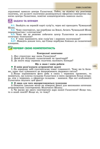 1
НА А ГАЛАКТИКА
згруповані навколо центра Галактики. о то, на відміну від розсіяни
скупчень, усі кулясті скупчення розмі уються с ерично-симетрично від-
носно центра Галактики, помітно концентруючись навколо нього.
ÇÀÄÀ×І ÒÀ ÂÏÐÀÂÈ
6.1. найдіть на зоряній карті сузір я, через які про одить умацький
ля .
6.2. ому спостерігач, о пере ува на емлі, ачить умацький ля
переривчастим і клоччастим
6.3. ому ми не мо емо по ачити центр Галактики за допомогою
оптични телескопів
6.4. У чому відмінність мі сузір ям і зоряним скупченням
6.5*. аведіть докази того, о Сонце пере ува лизько до галактичної
пло ини.
ÏÅÐÅÂІÐ ÑÂÎÞ ÊÎÌÏÅÒÅÍÒÍІÑÒÜ
онтро ні за итанн
1. Яку структуру ма наша Галактика
2. Який рік ільший: галактичний чи тропічний
. о якого виду зоряни скупчень нале ать леяди
о зна і в і робити
 в і розв зувати а троно і ні зада і
1. а зоряному не і спостеріга мо темні туманності. ому ми ї ачи-
мо, ад е такі туманності не випромінюють видимого світла
2. Як о порівнювати ото не а в сині і червони променя , то
виявиться, о плоска складова Галактики в сині променя ільш яскра-
ва, ні у червони , а с ерична складова навпаки. ро які осо ливості
Галактики свідчить цей акт
 зна д о о викори тову т те е ко и
. пишіть ідеальне місце на повер ні емлі для виконання оптични
астрономічни спостере ень Молочного ля у.
4. и ма мо ми змогу спостерігати ядро нашої Галактики Як о так,
то в який спосі Як о ні, то чому
 
