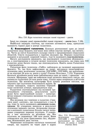 141
БУДОВА І ЕВОЛ ЦІЯ ВСЕСВІТУ
Ìàë. 7.10. Ядро галактики викида газові струмені д ети
ноді газ утворю довгі прямолінійні газові струмені джети (мал. 7.10).
ай ільш імовірна гіпотеза, о поясню активність ядер, припуска
наявність чорної діри в центрі галактики.
5. Близько розташовані одна до іншої
галактики іноді увають пов язані мі со ою смугою матерії, о світить-
ся. асто ці світлі лакитного кольору смуги продов енням спіральни
о ластей. Смуги складаються з гарячи молоди зір. ерідко галактики
занурені в загальний «зоряний туман», тоді ї називають вза оді и и.
Багато дослідників вва ають, о вза модіючі галактики з ли ають-
ся, а спостере ення в сучасні великі телескопи показують, о серед ци
галактик ду е агато таки , о зіштов уються. авіть наша Галактика
вза модіючою.
Унікальне ото телескопа «Га л» на лизило до та мниці зарод ення
Всесвіту. е, о уло за іксовано на кадрі, виглядало катастро ічно:
зіткнення дво величезни галактик NGC4490 і NGC448 , о розташова-
ні на відстані 24 млн св. років у сузір ї Гончи сів (мал. 7.11). Упродов
агатьо мільйонів років вони на ли алися одна до одної, і зрештою це
сталося. оправда, нині ми по ачили події далекого минулого: світло, о
покинуло галактики 24 млн років тому, тільки зараз потрапило в о ктив
телескопа. я всесвітня катастро а ула осяяна ро евим світлом, о
свідчить про скупчення йонізованого водню. а
таким сценарі м, ка уть науковці вропей-
ської космічної агенції, зарод уються зорі.
Галактики зіштов уються під впливом гра-
вітаційного стиснення, результатом цього
мо е ути гравітаційний колапс катастро-
ічно швидке стискання масивни тіл під ді ю
гравітації.
ід впливом сил тя іння в галактик з яви-
лися довгі «антени», о складаються з газу й
зір, тому ї часто називають антенни и а ак
тика и. і утворення виникли в результаті
зіткнення зоряни систем. Астрономи відкри-
ли в антенни галактика ільше тисячі не о-
давно утворени зоряни скупчень. У ко но-
му з ни міститься до мільйона зір. Вік
скупчень не переви у 100 млн років. Вони
утворилися під ді ю припливни сил, з уд е-
ни з ли енням дво систем.
ервоними кольорами світяться газопилові
мари, о падають на чорні діри в ядра
Ìàë. 7.11. іткнення дво
величезни галактик
NGC4490 і NGC448 , о
розташовані на відстані
24 млн св. років у сузір ї
Гончи сів
 