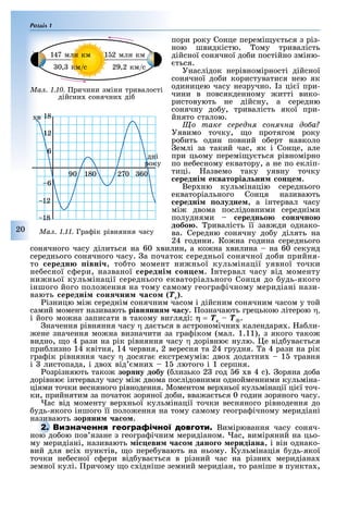 Розділ 1
20
пори року Сонце перемі у ться з різ-
ною швидкістю. ому тривалість
дійсної сонячної до и постійно зміню-
ться.
Унаслідок нерівномірності дійсної
сонячної до и користуватися нею як
одиницею часу незручно. з ці ї при-
чини в повсякденному итті вико-
ристовують не дійсну, а середню
сонячну до у, тривалість якої при-
йнято сталою.
о таке середн сон на до а
Уявимо точку, о протягом року
ро ить один повний о ерт навколо
емлі за такий час, як і Сонце, але
при цьому перемі у ться рівномірно
по не есному екватору, а не по екліп-
тиці. азвемо таку уявну точку
ередні екваторіа ни он е .
Вер ню кульмінацію середнього
екваторіального Сонця називають
ередні о удне , а інтервал часу
мі двома послідовними середніми
полуднями ередн о он но
добо . ривалість її зав ди однако-
ва. Середню сонячну до у ділять на
24 години. Ко на година середнього
сонячного часу ділиться на 60 вилин, а ко на вилина на 60 секунд
середнього сонячного часу. а початок середньої сонячної до и прийня-
то ередн івні , то то момент ни ньої кульмінації уявної точки
не есної с ери, названої ередні он е . нтервал часу від моменту
ни ньої кульмінації середнього екваторіального Сонця до удь-якого
іншого його поло ення на тому самому геогра ічному меридіані нази-
вають ередні он ни а о Òñ).
ізницю мі середнім сонячним часом і дійсним сонячним часом у той
самий момент називають рівн нн а у. означають грецькою літерою η,
і його мо на записати в такому вигляді: = Òñ – Ò.
начення рівняння часу η да ться в астрономічни календаря . а ли-
ене значення мо на визначити за гра іком (мал. 1.11), з якого тако
видно, о 4 рази на рік рівняння часу η дорівню нулю. е від ува ться
при лизно 14 квітня, 14 червня, 2 вересня та 24 грудня. а 4 рази на рік
гра ік рівняння часу η досяга екстремумів: дво додатни 1 травня
і листопада, і дво від мни 1 лютого і 1 серпня.
озрізняють тако зор ну добу ( лизько 2 год 6 в 4 с). оряна до а
дорівню інтервалу часу мі двома послідовними однойменними кульміна-
ціями точки весняного рівнодення. Моментом вер ньої кульмінації ці ї точ-
ки, прийнятим за початок зоряної до и, вва а ться 0 годин зоряного часу.
ас від моменту вер ньої кульмінації точки весняного рівнодення до
удь-якого іншого її поло ення на тому самому геогра ічному меридіані
називають зор ни а о .
Вимірювання часу соняч-
ною до ою пов язане з геогра ічним меридіаном. ас, виміряний на цьо-
му меридіані, називають і еви а о дано о еридіана, і він однако-
вий для всі пунктів, о пере увають на ньому. Кульмінація удь-якої
точки не есної с ери від ува ться в різний час на різни меридіана
земної кулі. ричому о с ідніше земний меридіан, то раніше в пункта ,
називають
ною до ою пов язане з геогра ічним меридіаном. ас, виміряний на цьо-
Ìàë. 1.10. ричини зміни тривалості
дійсни сонячни ді
147 млн км 1 2 млн км
0, км/с 29,2 км/с
Ìàë. 1.11. Гра ік рівняння часу
18
12
90 180 270 60
12
18
6
–6
дні
року
в
 