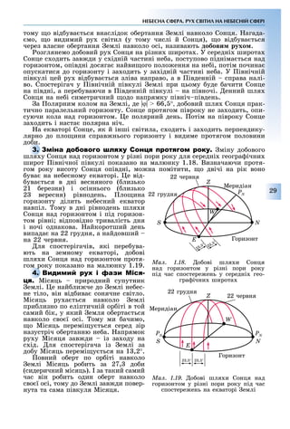 29
НЕБЕСНА СФЕРА. РУХ СВІТИЛ НА НЕБЕСНІЙ СФЕРІ
тому о від ува ться внаслідок о ертання емлі навколо Сонця. агада-
мо, о видимий ру світил (у тому числі й Сонця), о від ува ться
через власне о ертання емлі навколо осі, називають добови рухо .
озглянемо до овий ру Сонця на різни широта . У середні широта
Сонце с одить зав ди у с ідній частині не а, поступово підніма ться над
горизонтом, опівдні досяга найви ого поло ення на не і, потім почина
опускатися до горизонту і за одить у за ідній частині не а. У івнічній
півкулі цей ру від ува ться зліва направо, а в івденній справа налі-
во. Спостерігач у івнічній півкулі емлі при цьому уде ачити Сонце
на півдні, а пере уваючи в івденній півкулі на півночі. енний шля
Сонця на не і симетричний одо напрямку північ південь.
а олярним колом на емлі, де ϕ 66, °, до овий шля Сонця прак-
тично паралельний горизонту. Сонце протягом півроку не за одить, опи-
суючи кола над горизонтом. е полярний день. отім на півроку Сонце
за одить і наста полярна ніч.
а екваторі Сонце, як й інші світила, с одить і за одить перпендику-
лярно до пло ини справ нього горизонту і видиме протягом половини
до и.
С міну до ового
шля у Сонця над горизонтом у різні пори року для середні геогра ічни
широт івнічної півкулі показано на малюнку 1.18. Визначаючи протя-
гом року висоту Сонця опівдні, мо на помітити, о двічі на рік воно
ува на не есному екваторі. е від-
ува ться в дні весняного ( лизько
21 ерезня) і осіннього ( лизько
2 вересня) рівнодень. ло ина
горизонту ділить не есний екватор
навпіл. ому в дні рівнодень шля и
Сонця над горизонтом і під горизон-
том рівні відповідно тривалість дня
і ночі однакова. айкоротший день
випада на 22 грудня, а найдовший
на 22 червня.
ля спостерігачів, які пере ува-
ють на земному екваторі, до ові
шля и Сонця над горизонтом протя-
гом року показано на малюнку 1.19.
М
Місяць природний супутник
емлі. е най ли че до емлі не ес-
не тіло, він від ива сонячне світло.
Місяць ру а ться навколо емлі
при лизно по еліптичній ор іті в той
самий ік, у який емля о ерта ться
навколо сво ї осі. ому ми ачимо,
о Місяць перемі у ться серед зір
назустріч о ертанню не а. апрямок
ру у Місяця зав ди із за оду на
с ід. ля спостерігача із емлі за
до у Місяць перемі у ться на 1 ,2°.
овний о ерт по ор іті навколо
емлі Місяць ро ить за 27, до и
(сидеричний місяць). за такий самий
час він ро ить один о ерт навколо
сво ї осі, тому до емлі зав ди повер-
нута та сама півкуля Місяця.
до и.
С
шля у Сонця над горизонтом у різні пори року для середні геогра ічни
гом року показано на малюнку 1.19.
М
Місяць природний супутник
Ìàë. 1.18. о ові шля и Сонця
над горизонтом у різні пори року
під час спостере ень у середні гео-
гра ічни широта
22 грудня
22 червня
Меридіан
Горизонт
PN
Z
W
S N
E
2
, ° 2
, °
Ìàë. 1.19. о ові шля и Сонця над
горизонтом у різні пори року під час
спостере ень на екваторі емлі
22 грудня
22 червня
Меридіан
Горизонт
PS PN
Z
W
S N
E
2 , ° 2 , °
 