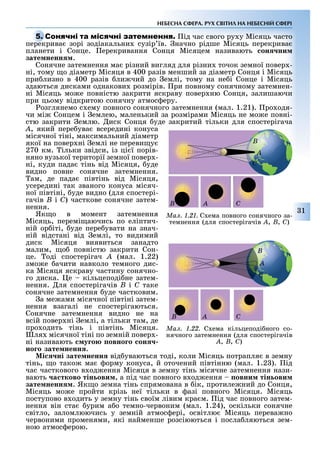 1
НЕБЕСНА СФЕРА. РУХ СВІТИЛ НА НЕБЕСНІЙ СФЕРІ
С ід час свого ру у Місяць часто
перекрива зорі зодіакальни сузір їв. начно рідше Місяць перекрива
планети і Сонце. ерекривання Сонця Місяцем називають он ни
зате ненн .
Сонячне затемнення ма різний вигляд для різни точок земної повер -
ні, тому о діаметр Місяця в 400 разів менший за діаметр Сонця і Місяць
при лизно в 400 разів ли чий до емлі, тому на не і Сонце і Місяць
здаються дисками однакови розмірів. ри повному сонячному затемнен-
ні Місяць мо е повністю закрити яскраву повер ню Сонця, залишаючи
при цьому відкритою сонячну атмос еру.
озглянемо с ему повного сонячного затемнення (мал. 1.21). ро одя-
чи мі Сонцем і емлею, маленький за розмірами Місяць не мо е повні-
стю закрити емлю. иск Сонця уде закритий тільки для спостерігача
À, який пере ува всередині конуса
місячної тіні, максимальний діаметр
якої на повер ні емлі не переви у
270 км. ільки звідси, із ці ї порів-
няно вузької території земної повер -
ні, куди пада тінь від Місяця, уде
видно повне сонячне затемнення.
ам, де пада півтінь від Місяця,
усередині так званого конуса місяч-
ної півтіні, уде видно (для спостері-
гачів Â і Ñ) часткове сонячне затем-
нення.
Як о в момент затемнення
Місяць, перемі аючись по еліптич-
ній ор іті, уде пере увати на знач-
ній відстані від емлі, то видимий
диск Місяця виявиться занадто
малим, о повністю закрити Сон-
це. оді спостерігач À (мал. 1.22)
змо е ачити навколо темного дис-
ка Місяця яскраву частину сонячно-
го диска. е кільцеподі не затем-
нення. ля спостерігачів Â і Ñ таке
сонячне затемнення уде частковим.
а ме ами місячної півтіні затем-
нення взагалі не спостерігаються.
Сонячне затемнення видно не на
всій повер ні емлі, а тільки там, де
про одить тінь і півтінь Місяця.
ля місячної тіні по земній повер -
ні називають у о овно о он
но о зате ненн .
і ні зате ненн від уваються тоді, коли Місяць потрапля в земну
тінь, о тако ма орму конуса, й оточений півтінню (мал. 1.2 ). ід
час часткового в од ення Місяця в земну тінь місячне затемнення нази-
вають а тково тін ови , а під час повного в од ення овни тін ови
зате ненн . Як о земна тінь спрямована в ік, протиле ний до Сонця,
Місяць мо е пройти крізь неї тільки в азі повного Місяця. Місяць
поступово в одить у земну тінь своїм лівим кра м. ід час повного затем-
нення він ста урим а о темно-червоним (мал. 1.24), оскільки сонячне
світло, заломлюючись у земній атмос ері, освітлю Місяць перева но
червоними променями, які найменше розсіюються і посла ляються зем-
ною атмос ерою.
С
перекрива зорі зодіакальни сузір їв. начно рідше Місяць перекрива
Ìàë. 1.21. С ема повного сонячного за-
темнення (для спостерігачів À, Â, Ñ)
À
À
Â
Ñ
ÑÂ
Ìàë. 1.22. С ема кільцеподі ного со-
нячного затемнення (для спостерігачів
À, Â, Ñ)
À
À
Ñ
Ñ
Â
Â
 