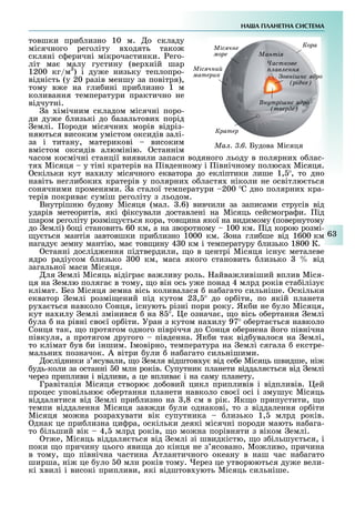 НА А ПЛАНЕТНА СИСТЕМА
6
товшки при лизно 10 м. о складу
місячного реголіту в одять тако
скляні с еричні мікрочастинки. его-
літ ма малу густину (вер ній шар
1200 кг/м3
) і ду е низьку теплопро-
відність (у 20 разів меншу за повітря),
тому в е на гли ині при лизно 1 м
коливання температури практично не
відчутні.
а імічним складом місячні поро-
ди ду е лизькі до азальтови порід
емлі. ороди місячни морів відріз-
няються високим умістом оксидів залі-
за і титану, материкові високим
вмістом оксидів алюмінію. станнім
часом космічні станції виявили запаси водяного льоду в полярни о лас-
тя Місяця у тіні кратерів на івденному і івнічному полюса Місяця.
скільки кут на илу місячного екватора до екліптики лише 1, , то дно
навіть негли оки кратерів у полярни о ластя ніколи не освітлю ться
сонячними променями. а сталої температури 200 С дно полярни кра-
терів покрива суміш реголіту з льодом.
Внутрішню удову Місяця (мал. .6) вивчили за записами струсів від
ударів метеоритів, які іксували доставлені на Місяць сейсмогра и. ід
шаром реголіту розмі у ться кора, тов ина якої на видимому (повернутому
до емлі) оці становить 60 км, а на зворотному 100 км. ід корою розмі-
у ться мантія завтовшки при лизно 1000 км. она гли ше від 1600 км
нагаду земну мантію, ма тов ину 4 0 км і температуру лизько 1800 К.
станні дослід ення підтвердили, о в центрі Місяця існу металеве
ядро радіусом лизько 00 км, маса якого становить лизько від
загальної маси Місяця.
ля емлі Місяць відігра ва ливу роль. айва ливіший вплив Міся-
ця на емлю поляга в тому, о він ось у е понад 4 млрд років ста ілізу
клімат. Без Місяця земна вісь коливалася на агато сильніше. скільки
екватор емлі розмі ений під кутом 2 , до ор іти, по якій планета
ру а ться навколо Сонця, існують різні пори року. Як и не уло Місяця,
кут на илу емлі змінився на 8 . е означа , о вісь о ертання емлі
ула на рівні сво ї ор іти. Уран з кутом на илу 97 о ерта ться навколо
Сонця так, о протягом одного півріччя до Сонця о ернена його північна
півкуля, а протягом другого південна. Як и так від увалося на емлі,
то клімат ув и іншим. мовірно, температура на емлі сягала екстре-
мальни позначок. А вітри ули на агато сильнішими.
ослідники з ясували, о емля відштов у від се е Місяць швидше, ні
удь-коли за останні 0 млн років. Супутник планети віддаля ться від емлі
через припливи і відливи, а це вплива і на саму планету.
Гравітація Місяця створю до овий цикл припливів і відпливів. ей
процес уповільню о ертання планети навколо сво ї осі і змушу Місяць
віддалятися від емлі при лизно на ,8 см в рік. Як о припустити, о
темпи віддалення Місяця зав ди ули однакові, то з віддалення ор іти
Місяця мо на розра увати вік супутника лизько 1, млрд років.
днак це при лизна ци ра, оскільки деякі місячні породи мають на ага-
то ільший вік 4, млрд років, о мо на порівняти з віком емлі.
т е, Місяць віддаля ться від емлі зі швидкістю, о з ільшу ться, і
поки о причину цього яви а до кінця не з ясовано. Мо ливо, причина
в тому, о північна частина Атлантичного океану в наш час на агато
ширша, ні це уло 0 млн років тому. ерез це утворюються ду е вели-
кі вилі і високі припливи, які відштов ують Місяць сильніше.
Міс не
ìîðå
Міс ни
ìàòåðèê
Êðàòåð
Манті
×àñòêîâå
ïëàâëåííÿ
овні н дро
рідке
нутрі н дро
тверде
Ìàë. 3.6. Будова Місяця
Êîðà
 